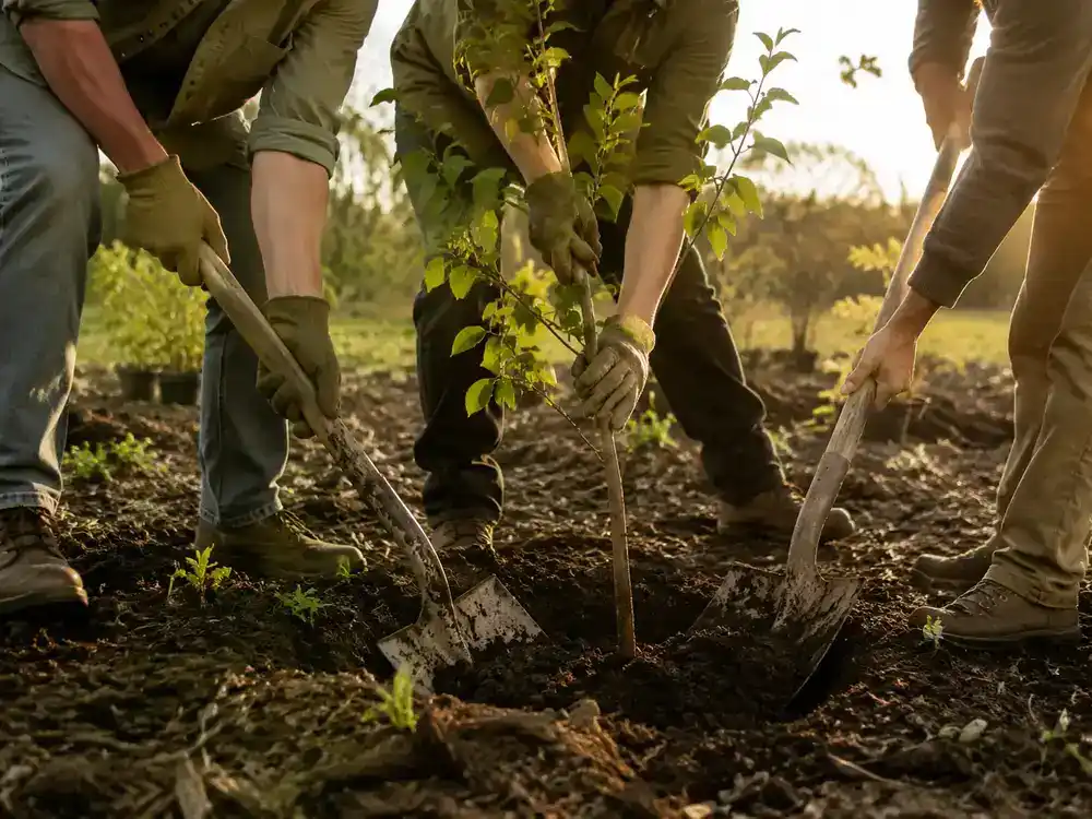 Several pairs of hands and spades setting saplings into the ground