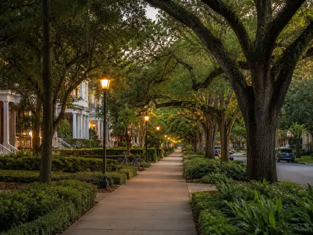 A street where the canopy closes over the sidewalk