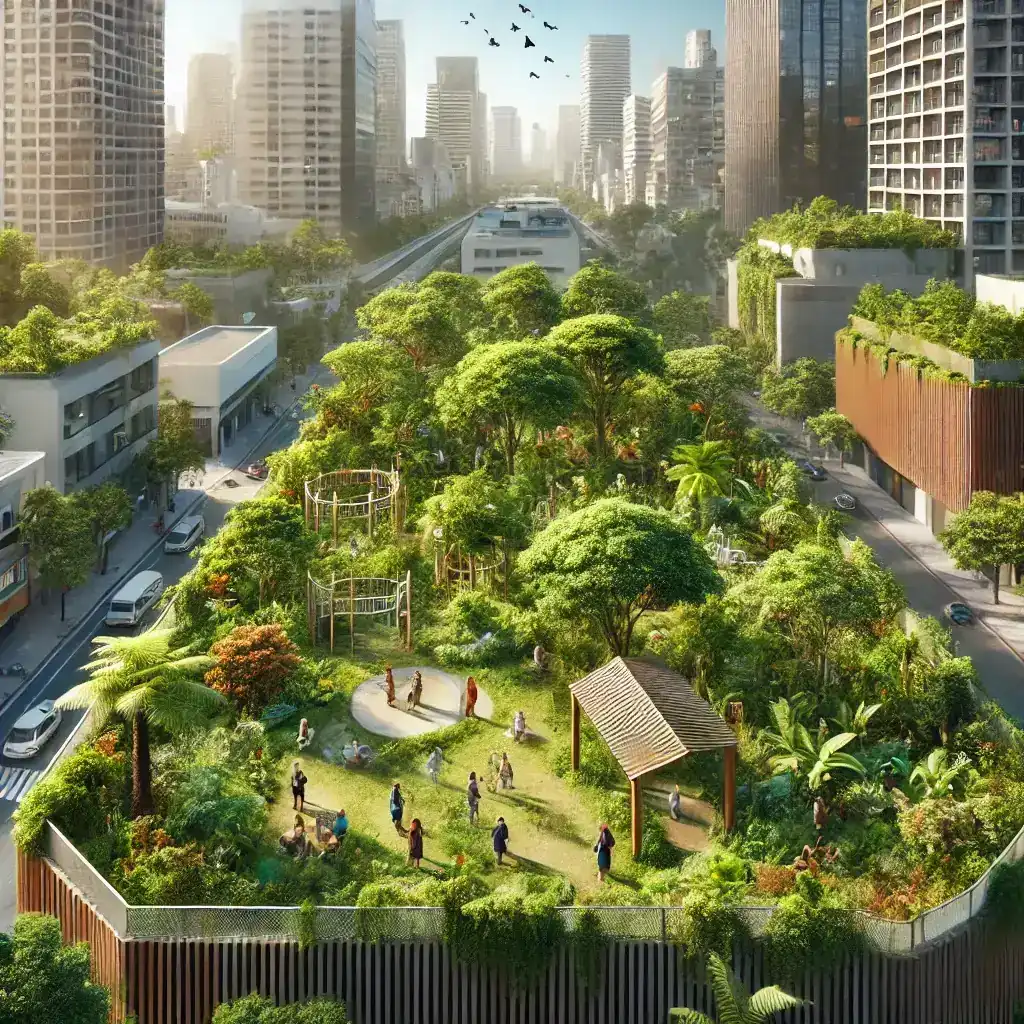 A lush tiny forest between modern buildings