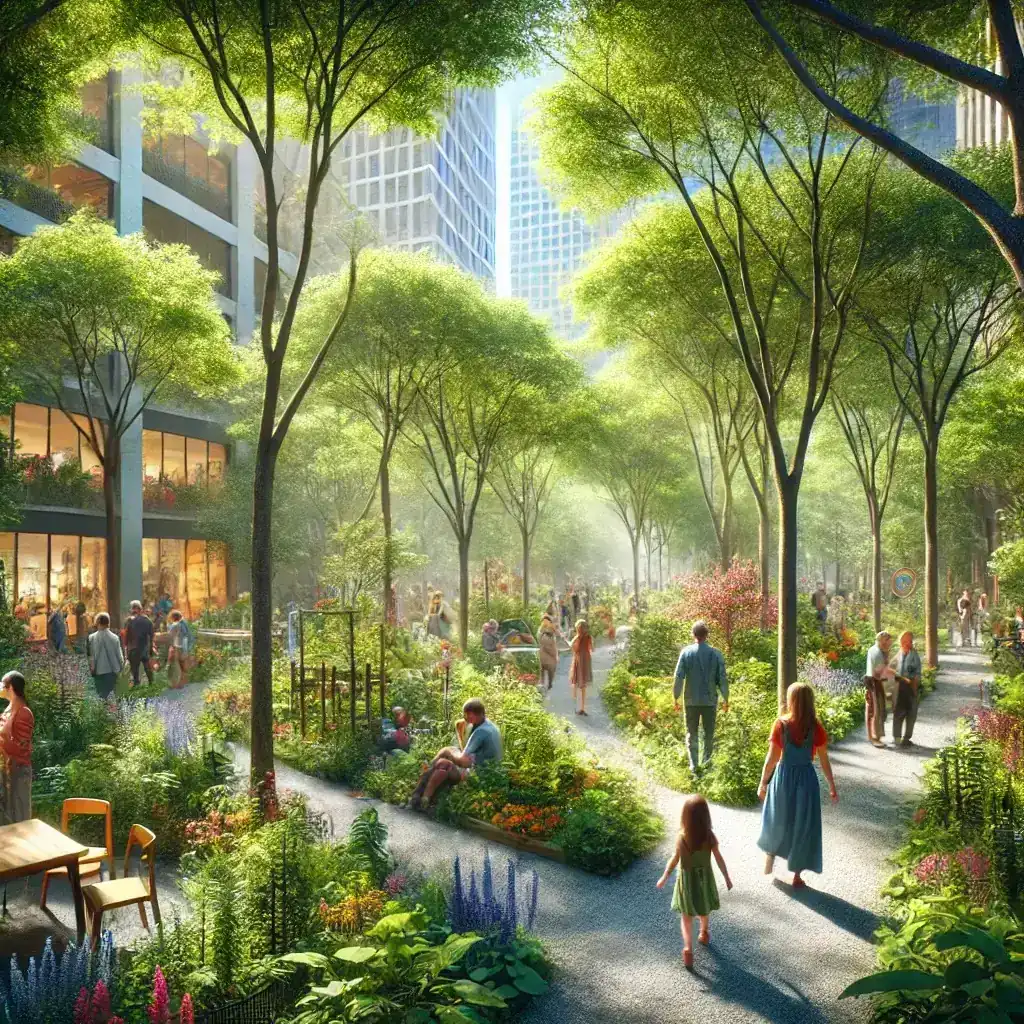 A walking path through a vibrant urban tiny forest